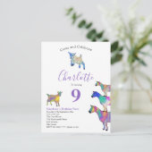 ヤギ水彩誕生日パーティーパープル インビテーションポストカード (スタンド正面)