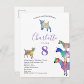 ヤギ水彩誕生日パーティーパープル インビテーションポストカード (正面/裏面)