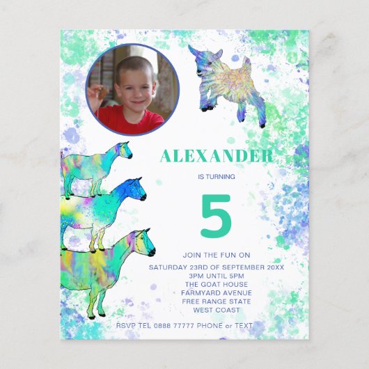 ヤギ第5誕生日フォトグリーンブルー予算 チラシ (正面)