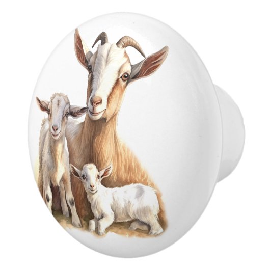 ヤギ誇りを持ったの母と子供 セラミックノブ (右)
