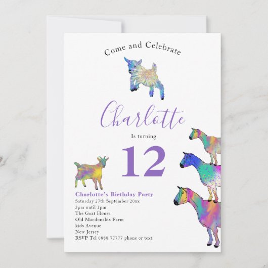 ヤギ農場動物の誕生日パーティパープル 招待状 (正面)