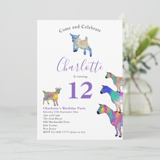 ヤギ農場動物の誕生日パーティパープル 招待状 (スタンド正面)