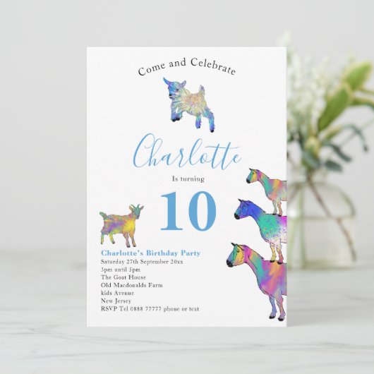 ヤギ農場動物10thバースデーパーティーブルー 招待状 (スタンド正面)