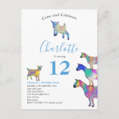 ヤギ農場動物12thバースデーパーティーブルー インビテーションポストカード (正面)