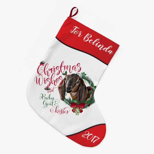ヤギ |クリスマスウィッシュベビーヤギキスNubian 2 ラージクリスマスストッキング (正面 (吊り時))