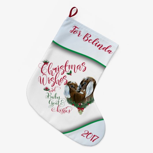 ヤギ |クリスマスウィッシュベビーヤギキスNubian 3 ラージクリスマスストッキング (正面 (吊り時))