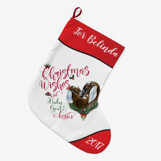 ヤギ |クリスマスウィッシュベビーヤギキスNubian 3 ラージクリスマスストッキング (正面 (吊り時))