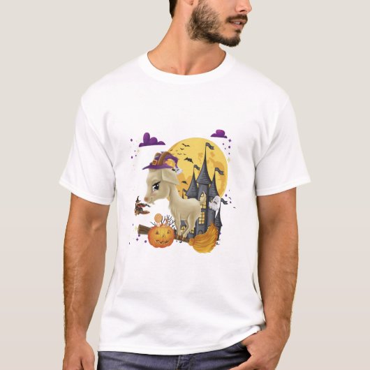 ヤギ 魔女 ほうき かぼちゃ ハロウィン コスチューム Tシャツ (正面)