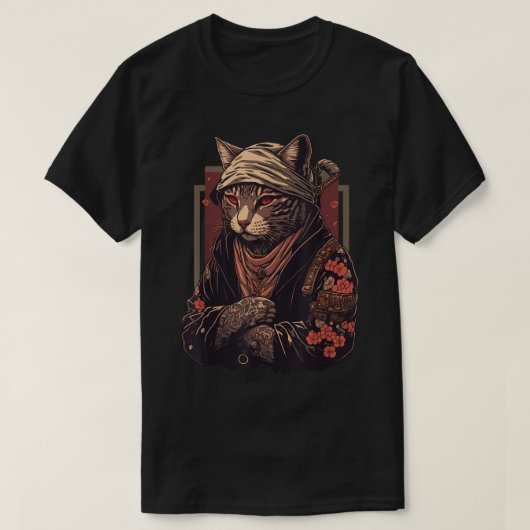 ヤクザ猫日本のマフィア猫タトゥー花 Tシャツ (デザイン正面)