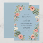 ヤグルマギクの淡いピンクのサンゴのリースの結婚式 招待状 (正面/裏面)