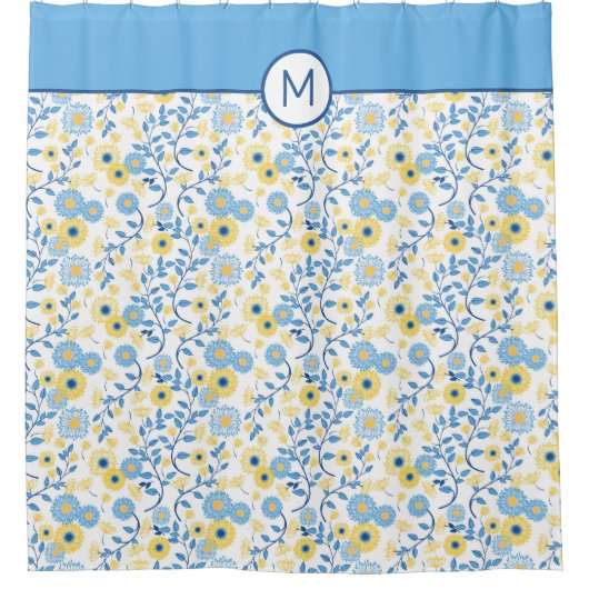 ヤグルマギクの青く黄色い花のモノグラム シャワーカーテン (正面)