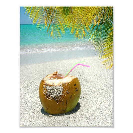 ヤシのビーチと熱帯ココナッツドリンク葉 フォトプリント            (正面)