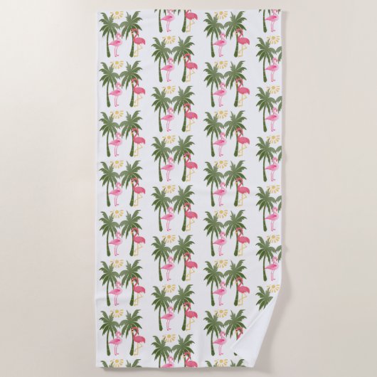 ヤシの木およびピンクのフラミンゴ ビーチタオル (正面)
