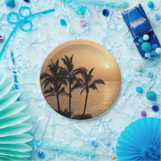 ヤシの木およびロマンチックな日没 ペーパープレート (パーティー)