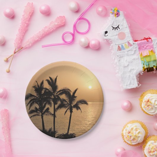 ヤシの木およびロマンチックな日没 ペーパープレート (パーティー)