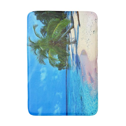 ヤシの木および砂浜Poが付いている熱帯島 バスマット (正面縦)