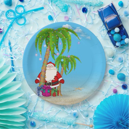 ヤシの木があるクリスマスの熱帯サンタクロース ペーパープレート (パーティー)
