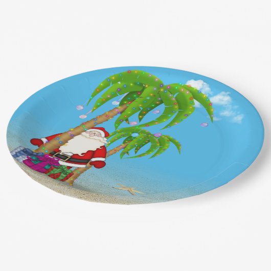 ヤシの木があるクリスマスの熱帯サンタクロース ペーパープレート (アングル)