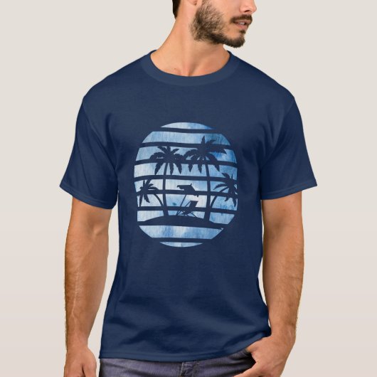 ヤシの木がビーチに植えられた青いレトロヴィンテージ Tシャツ (正面)