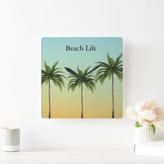 ヤシの木が一列に並ぶビーチ スクエア壁時計 (ホーム)