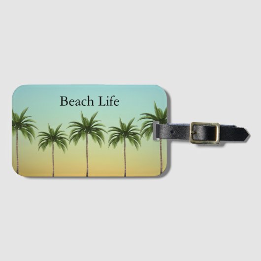 ヤシの木が一列に並ぶビーチ ラゲッジタグ (正面横)