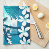ヤシの木が咲く熱帯サーフ波 キッチンタオル (四つ折り)