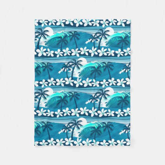 ヤシの木が咲く熱帯サーフ波 フリースブランケット (正面)