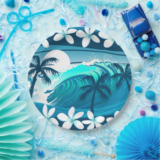 ヤシの木が咲く熱帯サーフ波 ペーパープレート (パーティー)