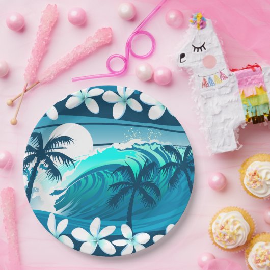 ヤシの木が咲く熱帯サーフ波 ペーパープレート (パーティー)