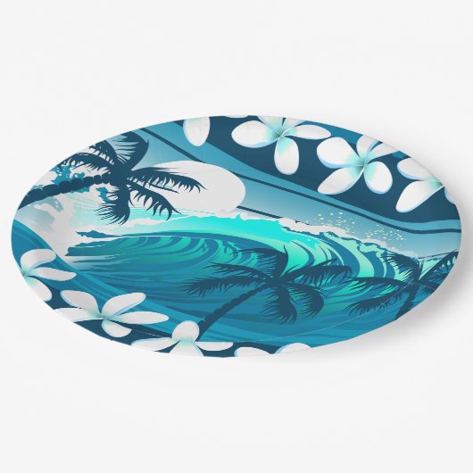 ヤシの木が咲く熱帯サーフ波 ペーパープレート (アングル)