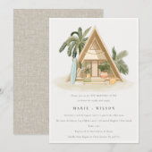 ヤシの木が茂るトロピカルビーチの小屋　朝 招待状 (正面/裏面)