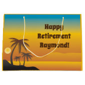 ヤシの木でのハッピーリタイアメントビーチシーン ラージペーパーバッグ (正面)