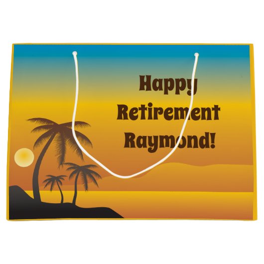 ヤシの木でのハッピーリタイアメントビーチシーン ラージペーパーバッグ (正面)