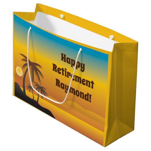 ヤシの木でのハッピーリタイアメントビーチシーン ラージペーパーバッグ (正面アングル)