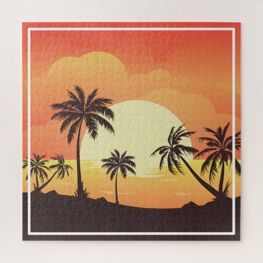 ヤシの木で夕日の景色 ジグソーパズル (縦)
