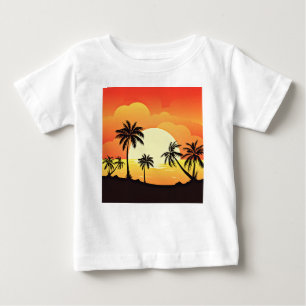 ヤシの木で夕日の景色 ベビーTシャツ
