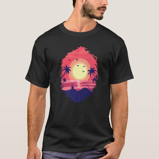 ヤシの木で海に沈む夕日 Tシャツ (正面)
