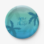 ヤシの木とカスタムのカップルがトロピカル結婚の ペーパープレート (正面)