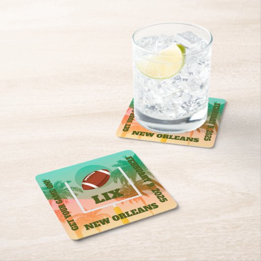 ヤシの木とサッカーのアップライト スクエアペーパーコースター (インサイチュ)