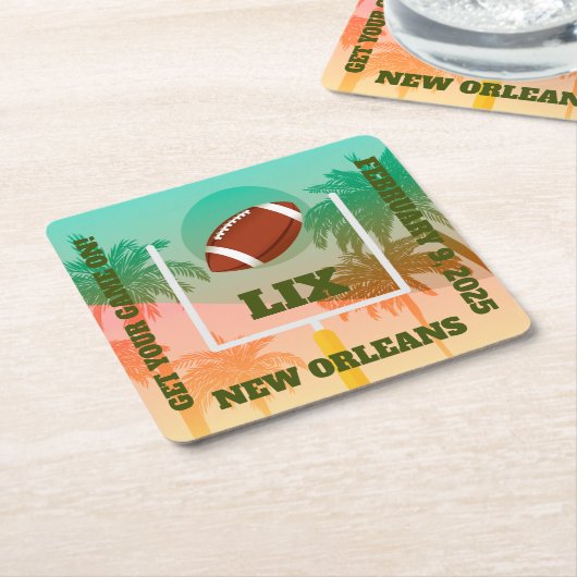 ヤシの木とサッカーのアップライト スクエアペーパーコースター (アングル)