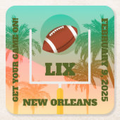 ヤシの木とサッカーのアップライト スクエアペーパーコースター (正面)