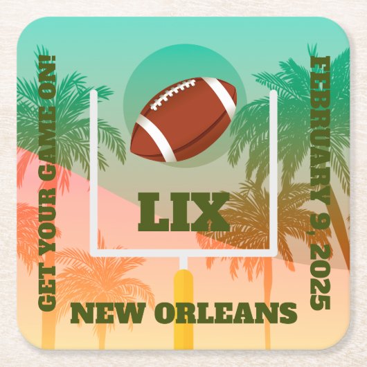 ヤシの木とサッカーのアップライト スクエアペーパーコースター (正面)