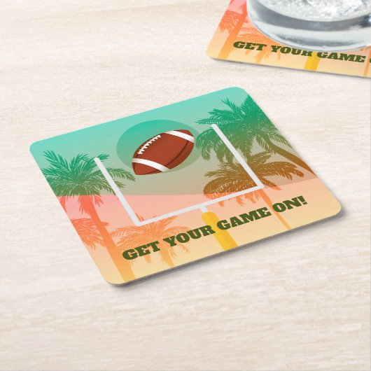 ヤシの木とサッカーのアップライト スクエアペーパーコースター (アングル)