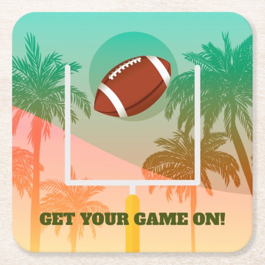 ヤシの木とサッカーのアップライト スクエアペーパーコースター (正面)