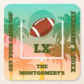 ヤシの木とサッカーのアップライト スクエアペーパーコースター (正面)