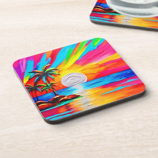ヤシの木とサンセットグロー絵を描ズ コースター (左側)