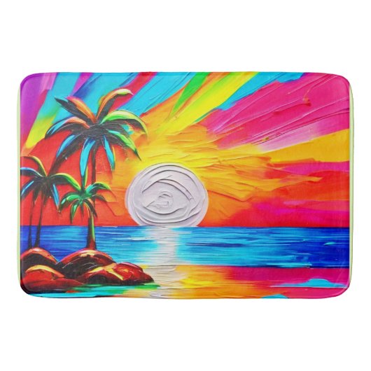 ヤシの木とサンセットグロー絵を描ズ バスマット (正面)