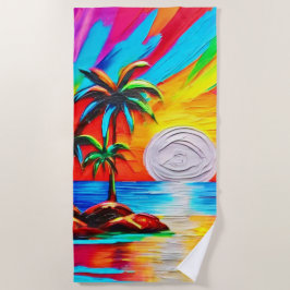 ヤシの木とサンセットグロー絵を描ズ ビーチタオル