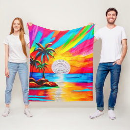 ヤシの木とサンセットグロー絵を描ズ フリースブランケット