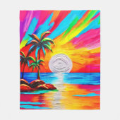 ヤシの木とサンセットグロー絵を描ズ フリースブランケット (正面)